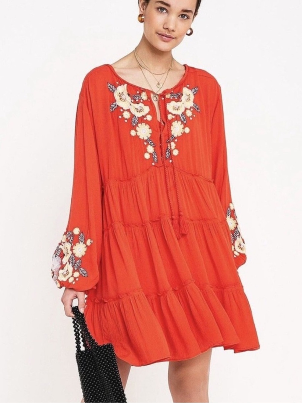 Free People Orange Embroidered Tiered Mini Dress